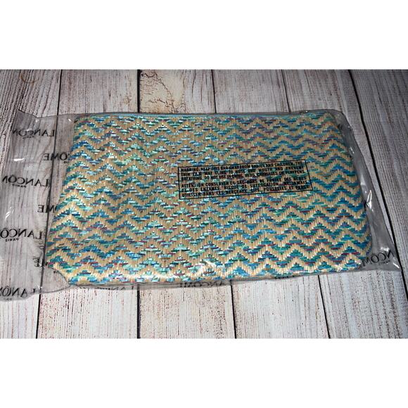 Lancome Paris Makeup Blue Beige Woven Straw Large Straw Cosmetic Bag Zipper - Picture 3 of 10